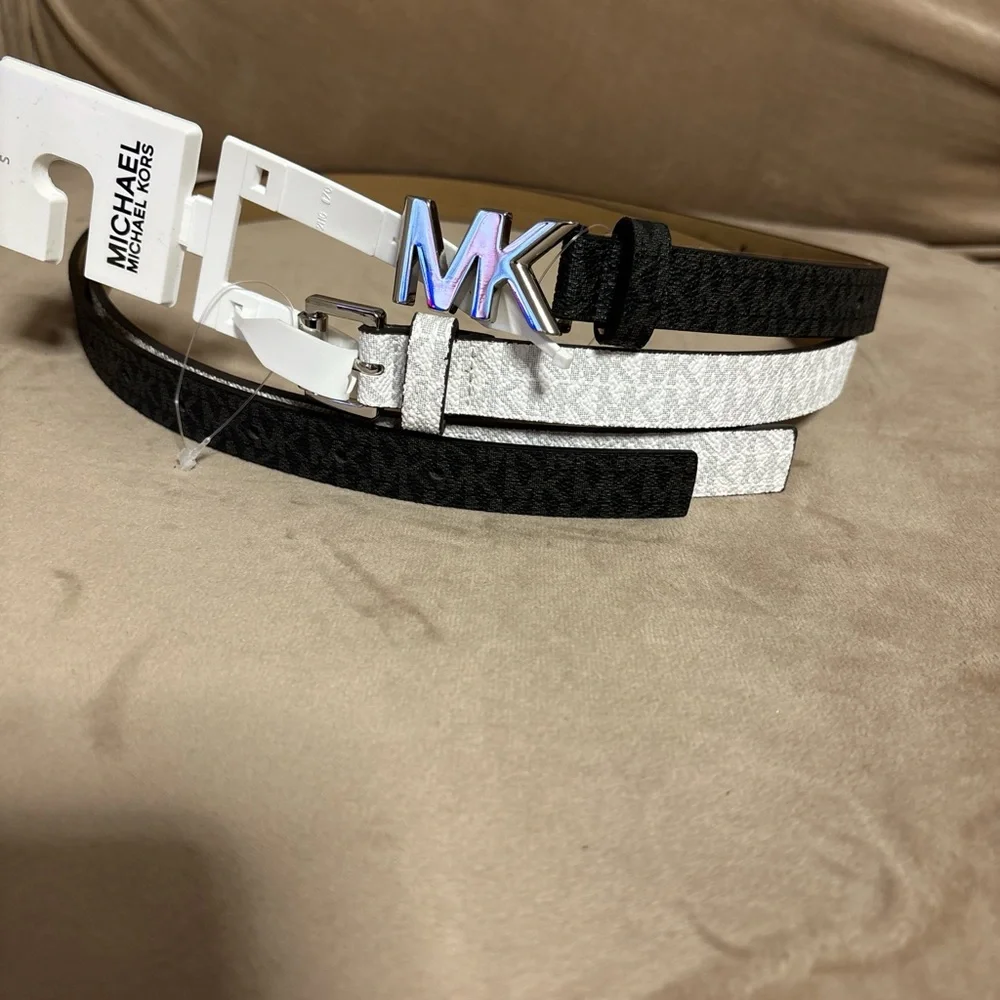 Michael Kors Women's Monogram Black & WhitSkinny Logo Belts 2Pack Size Small